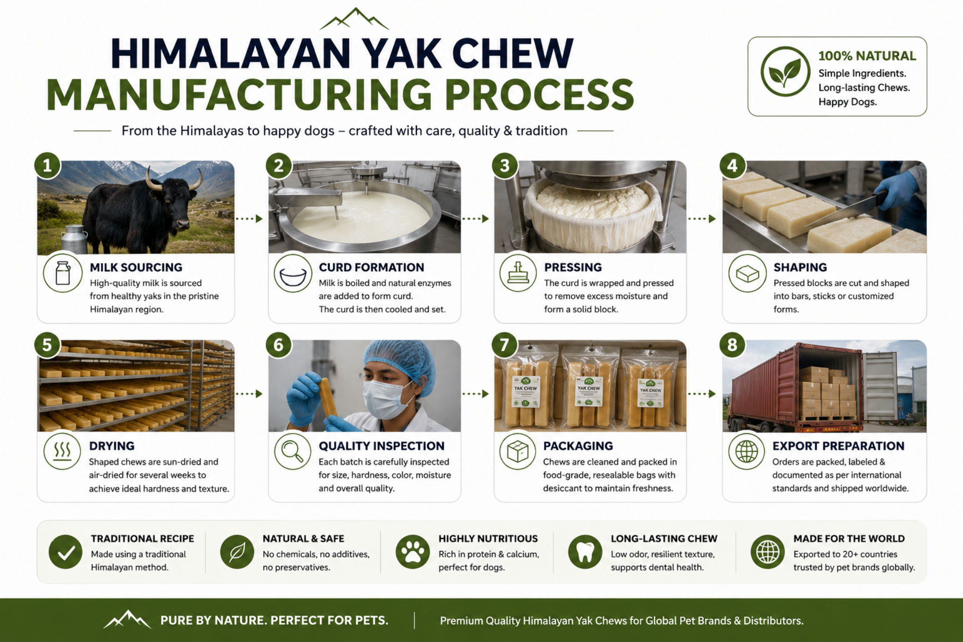 Infographic showing the Himalayan Yak Chew manufacturing process including milk sourcing, curd formation, pressing, shaping, drying, quality inspection, packaging, and export preparation.