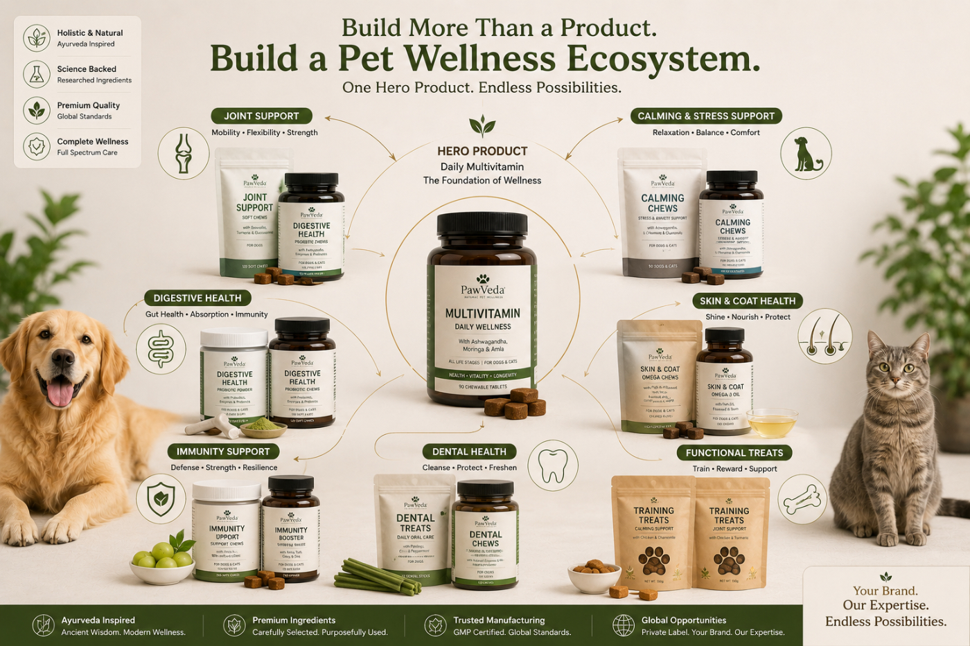 Complete pet wellness product portfolio featuring joint support, calming, digestive health, immunity, skin and coat, and dental care products under one pet supplement brand.