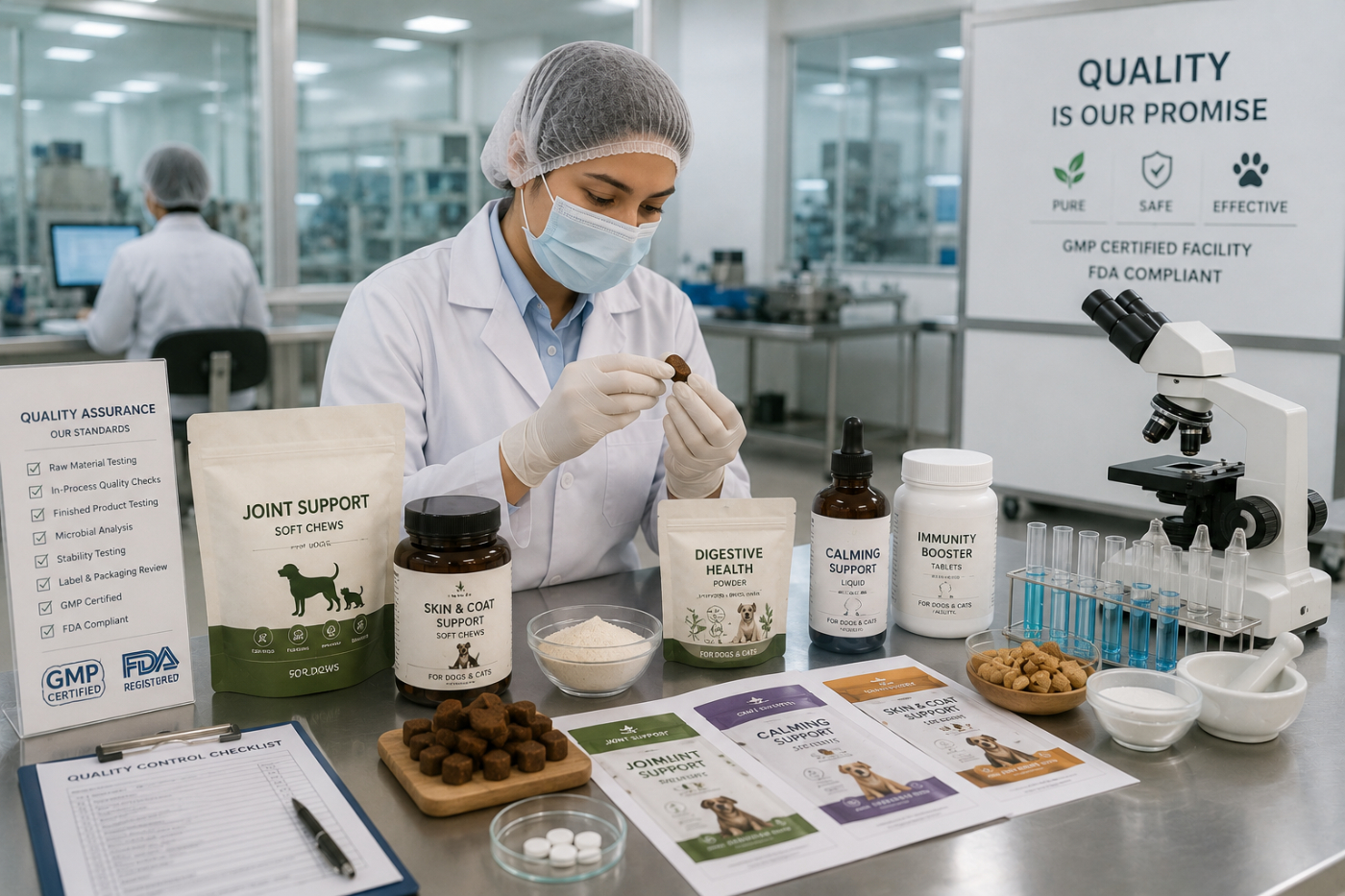 Laboratory technician conducting quality control checks on private label pet supplements in a GMP-certified manufacturing facility.