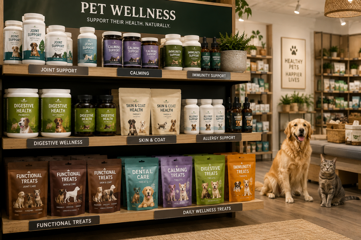 Premium pet wellness retail shelf displaying joint support, digestive health, calming, immunity and skin and coat supplement products for dogs and cats.