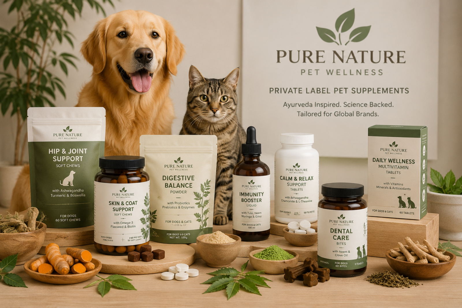 Premium private label pet supplement products featuring soft chews, powders, tablets and liquid supplements with Ayurvedic ingredients including Ashwagandha and Turmeric for pet wellness brands.