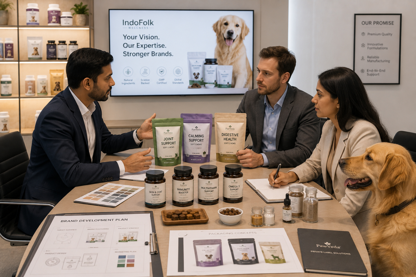 Pet wellness entrepreneurs discussing private label supplement products, packaging concepts and manufacturing solutions with industry experts.