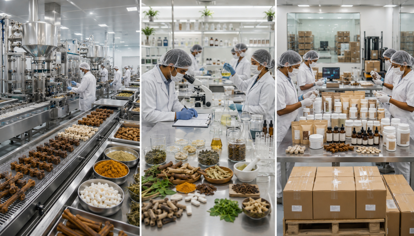 Modern GMP-standard pet supplement manufacturing facility showing automated production, laboratory quality testing, premium packaging, and export-ready finished products.