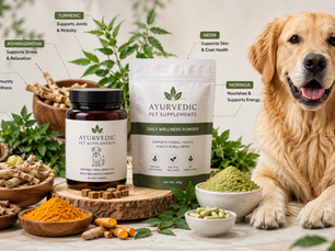 Ayurvedic pet supplements made with Ashwagandha, Turmeric, Neem, Tulsi, Moringa, and Amla for natural pet wellness and private-label product development.