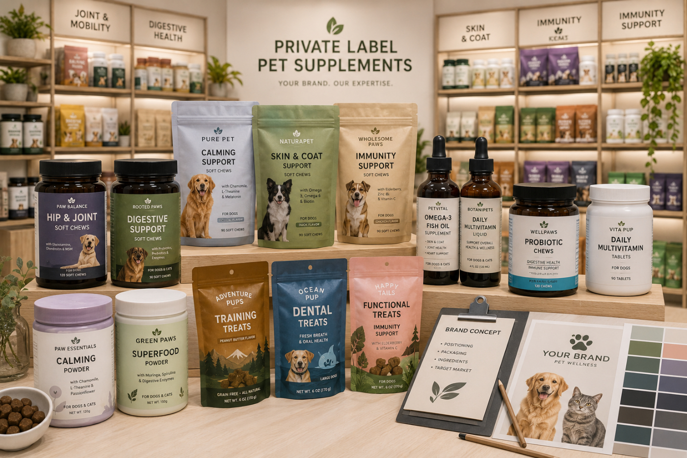 Custom private label pet supplement packaging designs displayed on retail shelves showcasing multiple pet wellness brand concepts.