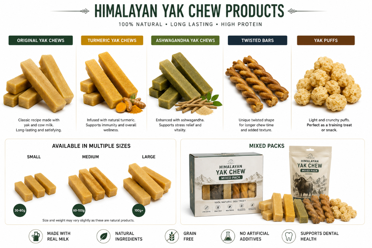 Different Himalayan Yak Chew variants including original chew bars, turmeric yak chews, ashwagandha yak chews, twisted bars, yak puffs, mixed packs, and multiple size options for pet brands and distributors