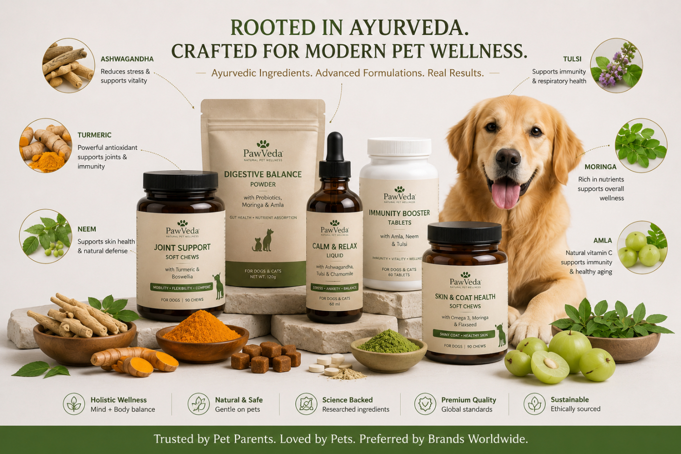 Ayurvedic ingredients including Ashwagandha, Turmeric, Neem, Tulsi, Moringa and Amla displayed with private label pet supplement products for dogs.