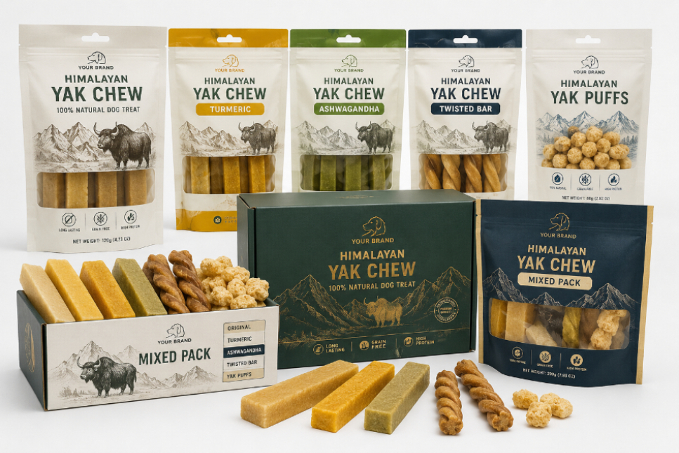 Custom private label Himalayan Yak Chew packaging for pet brands and distributors