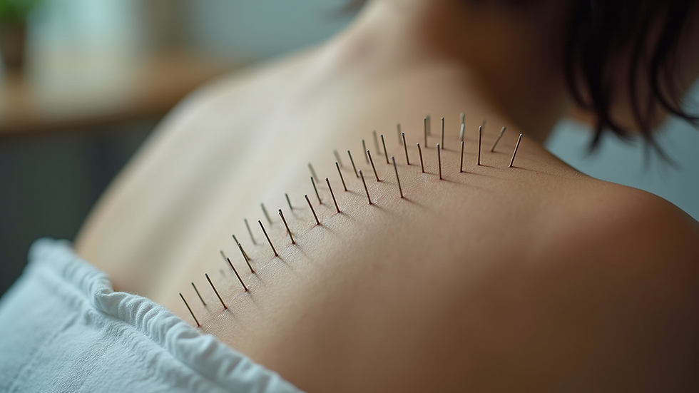 Close-up view of acupuncture needles on a patient's back