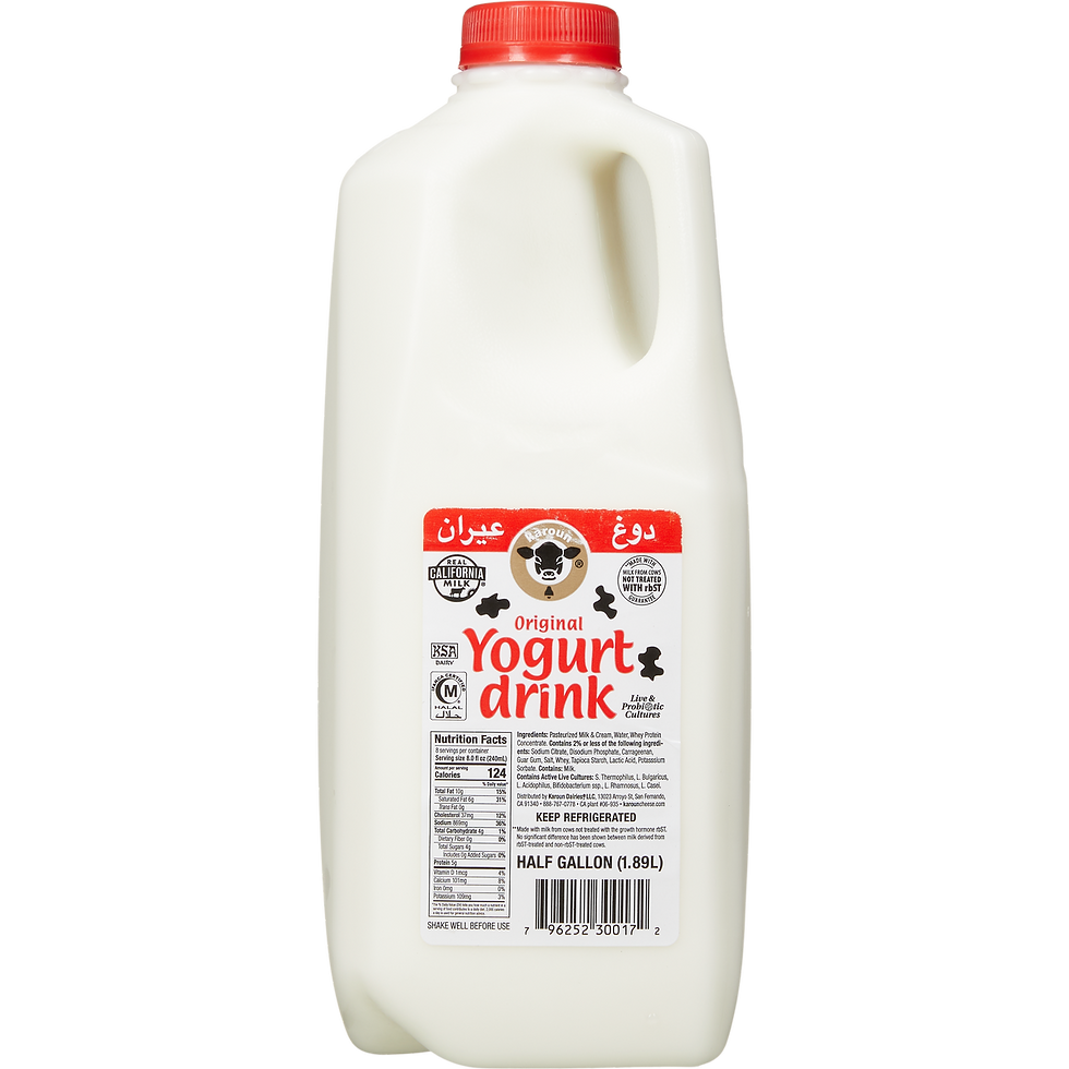 White jug of yogurt drink with red cap, labeled "Original Yogurt Drink" with nutritional info. Packaging features Arabic script and cow logo.
