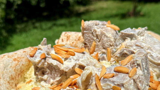A beautifully plated Mansaf, Jordan's national dish, featuring tender lamb pieces atop a bed of rice, garnished with toasted almonds.