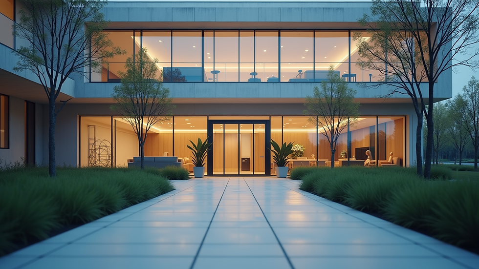 Eye-level view of a modern clinic building entrance