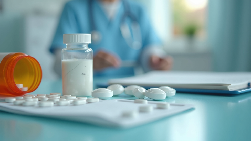 Close-up view of medication and therapy materials on a clinic table