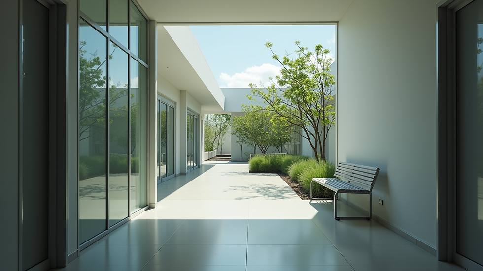 Vista externa de clínica de recuperação com jardim e área de convivência