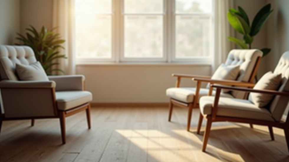 Close-up view of a therapy room with comfortable chairs and natural light