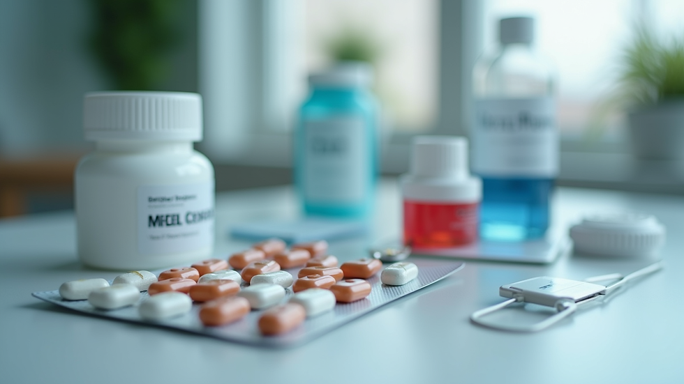 Close-up view of medication and therapy materials on a clinical table