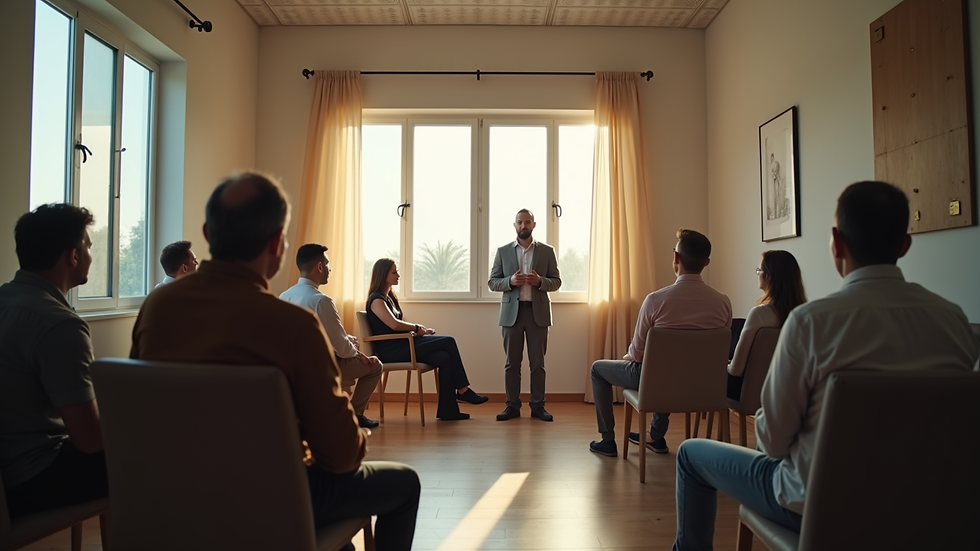 Vista interna de uma sala de terapia em grupo com pacientes e líder religioso