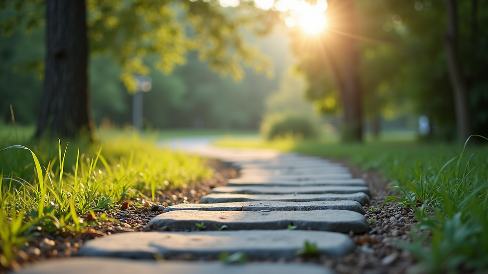 Entrada de clínica de reabilitação com jardim e caminho de pedras