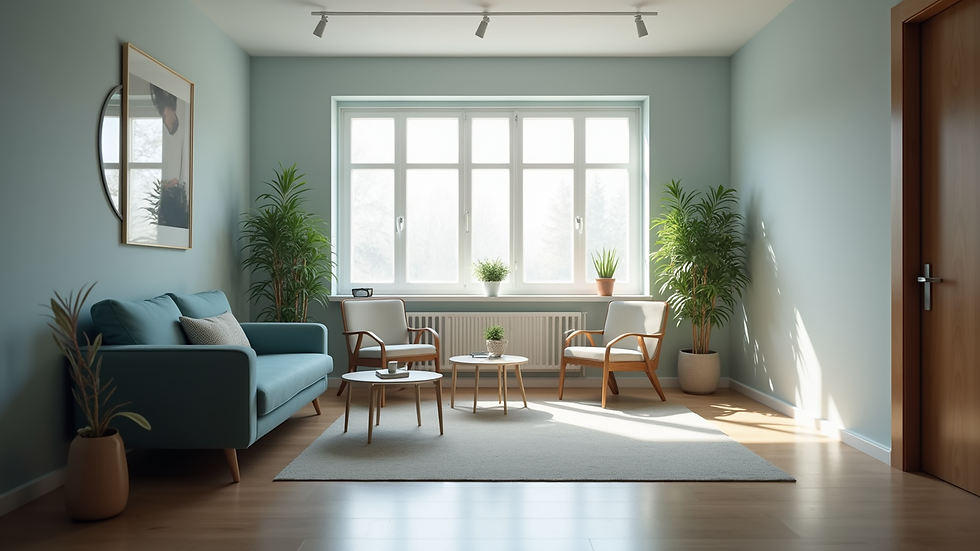 Wide angle view of a therapy session room in a recovery clinic