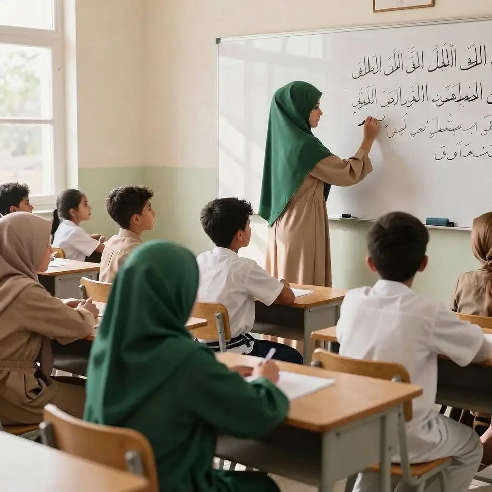 Indoor photography of a teacher writing Arabic script on a whiteboard in a classroom. Students are seated attentively, focused on their lesson.