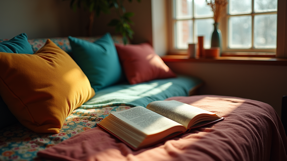 Eye-level view of a cozy reading nook with colorful cushions