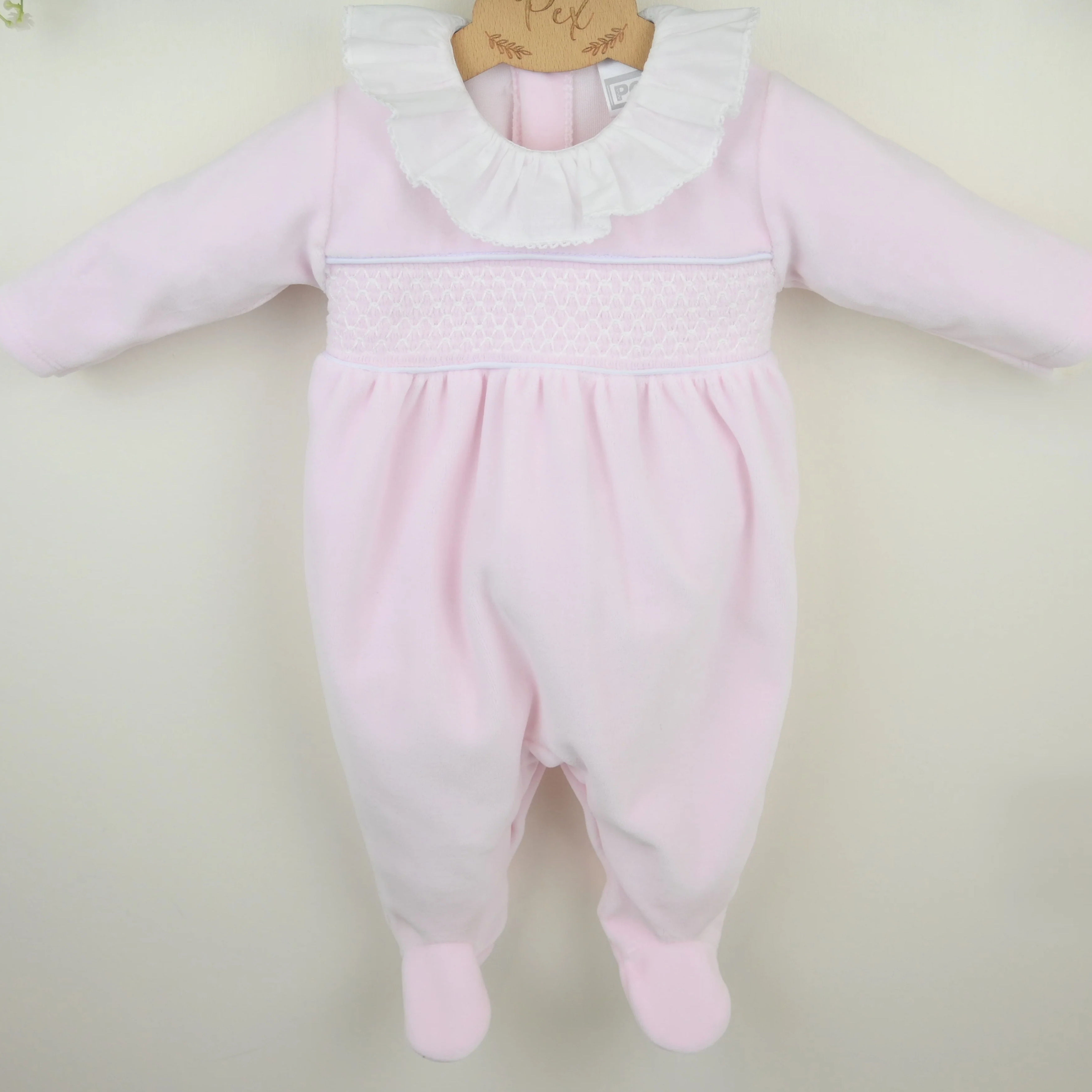 Smocked velour sleepsuit 