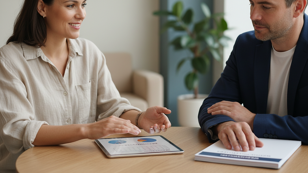 Close-up view of a wellbeing consultant discussing plans with a manager