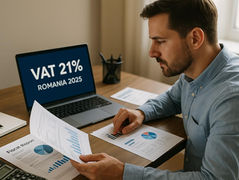 Business owner reviewing new tax rates in Romania after VAT increase to 21% in 2025