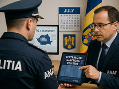 A Romanian Police officer and ANAF inspector reviewing a digital sanctions registry on a tablet, in front of a monitor showing the RO e-Transport platform. The image includes a July 2025 calendar and the Romanian flag, with a visible "UIT CODE" screen in the background.