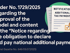 Order No. 1729/2025 text with paperwork illustration, highlighting tax notification approval. Blue background with green circle and pen.