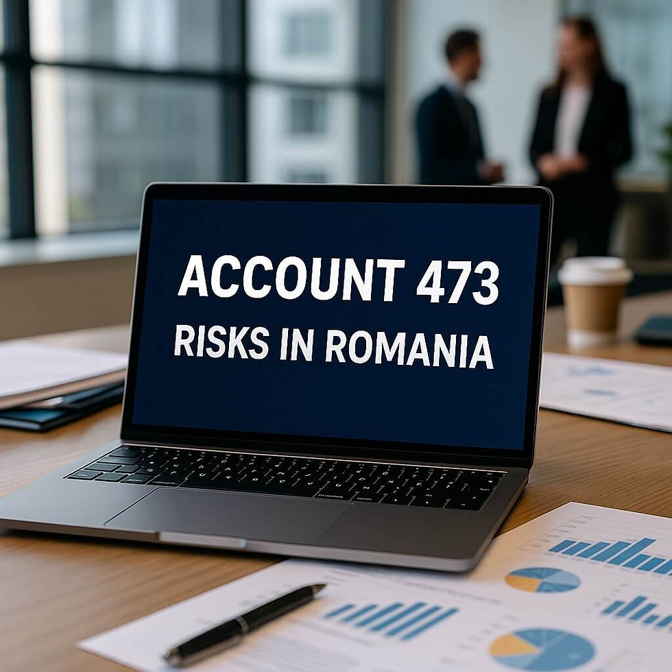 Multinationals risk tax penalties, audit issues, and distorted reporting if account 473 remains unresolved in Romania. Learn best practices for HQ oversight. Multinational finance professionals reviewing suspense account entries on a laptop labeled ‘Account 473 – Pending Clarification’.