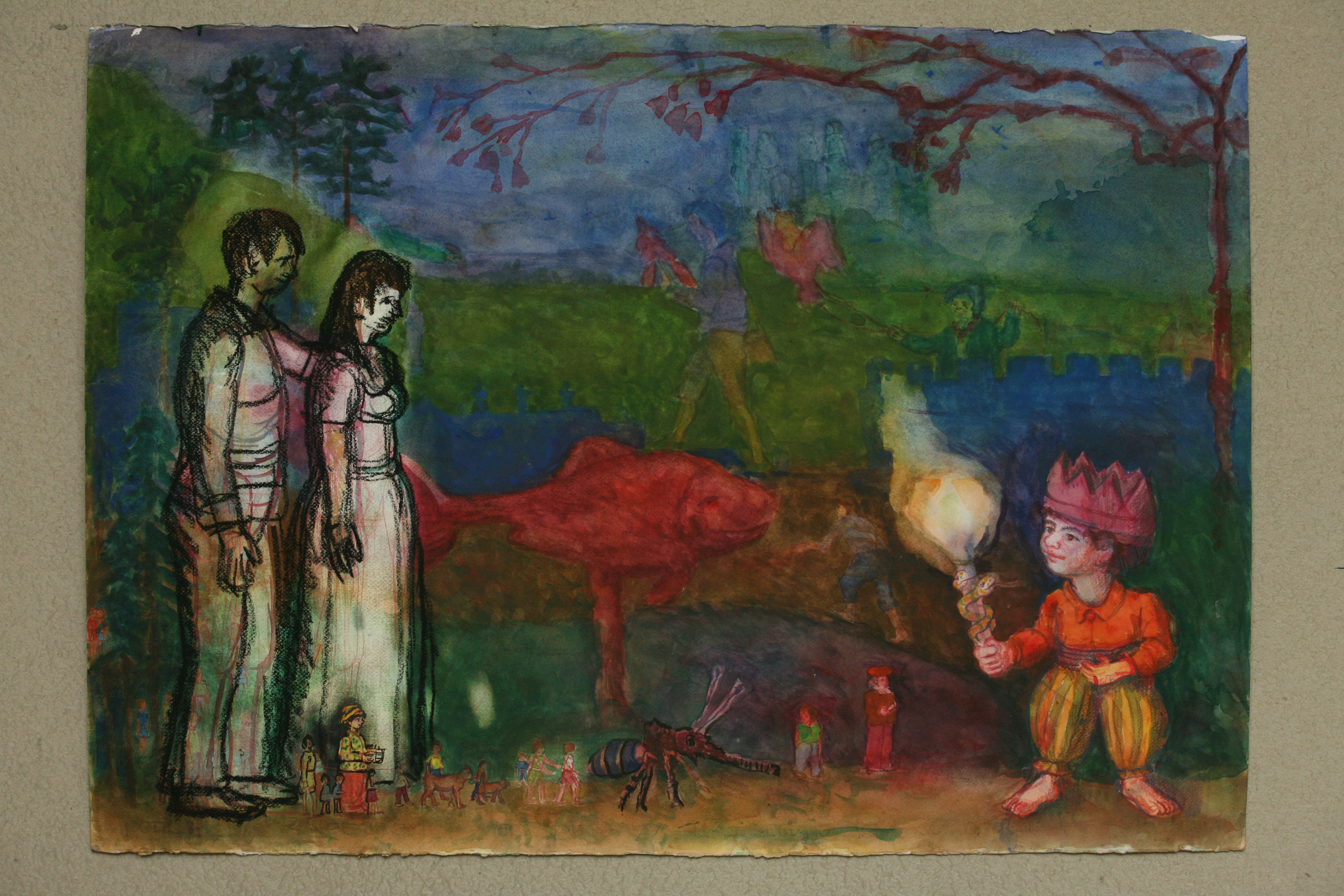 Oil Pastel and Watercolour on Paper. Child carrying the Torch.