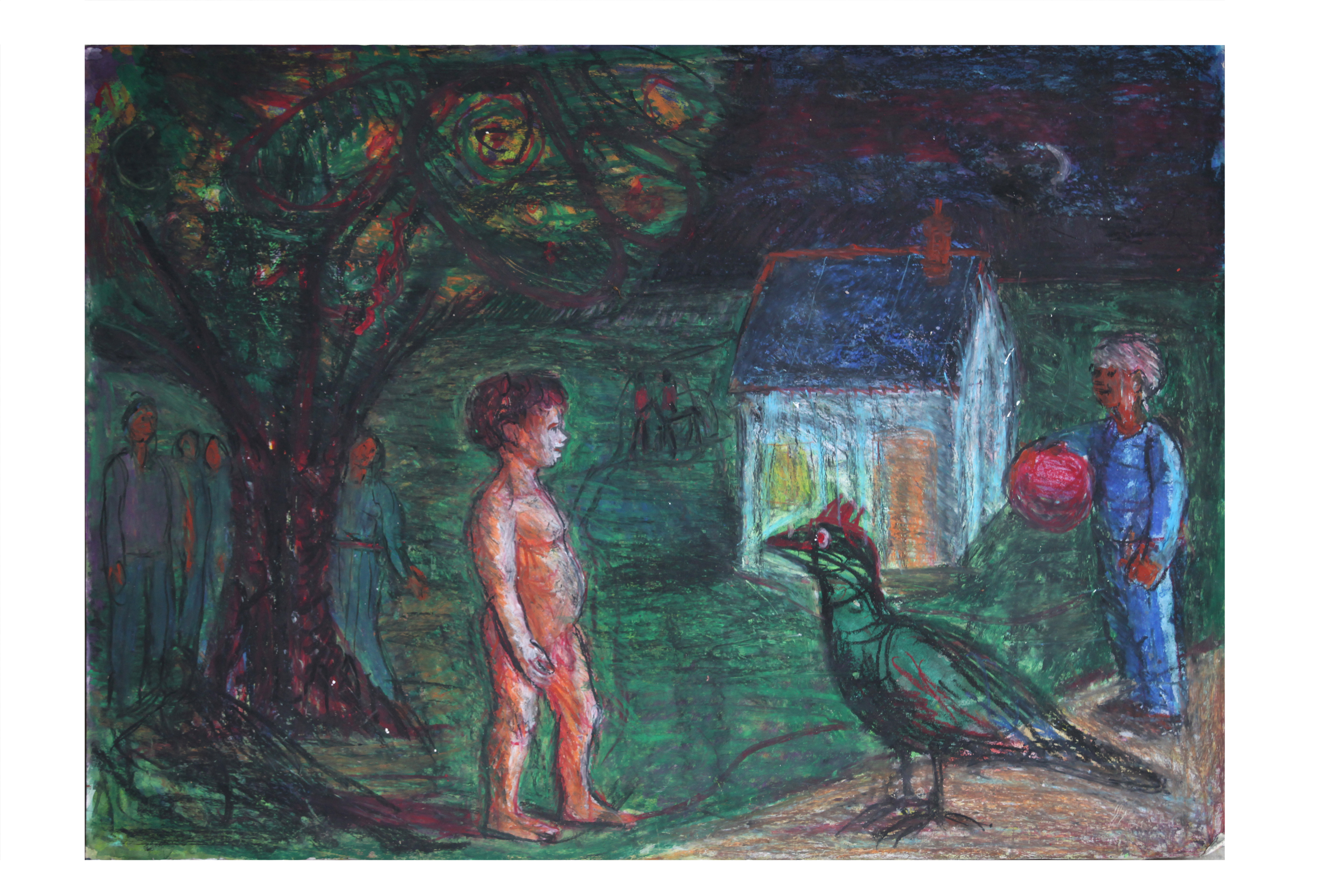 Watercolour and Oil pastel. Child with a Crow