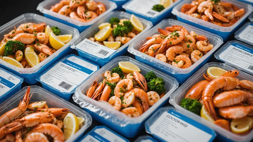 Close-up of seafood packaging with traceability labels