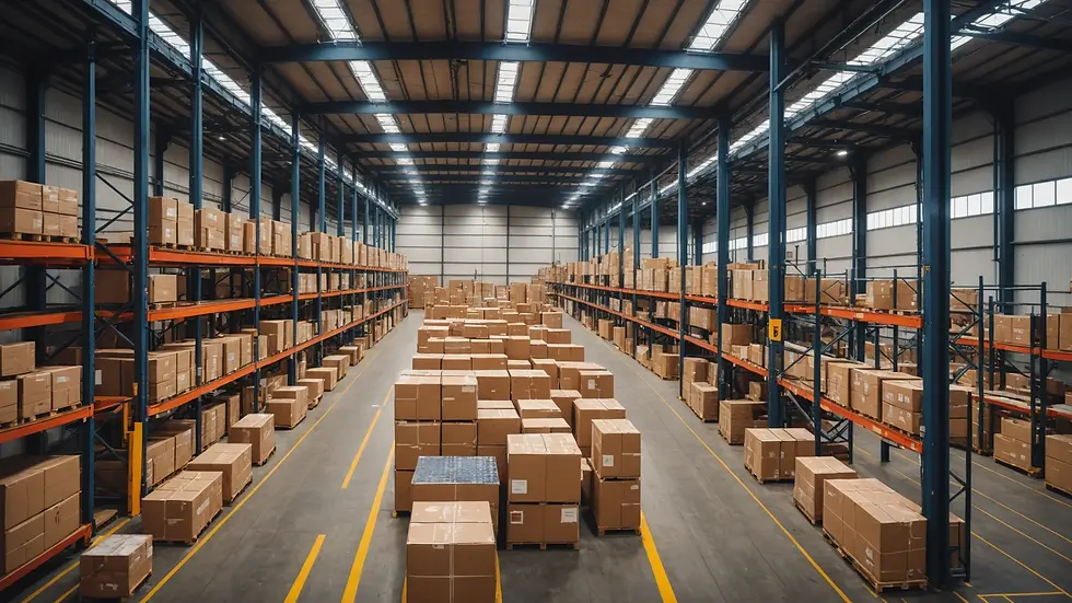 Eye-level view of a logistics warehouse managing custom goods