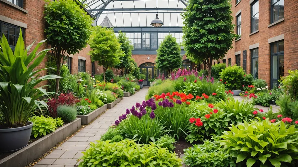 Eye-level view of a colorful urban garden showcasing diverse plants