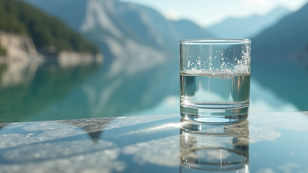 Augenhöhe von einem Glas Wasser mit Zeolith-Pulver daneben