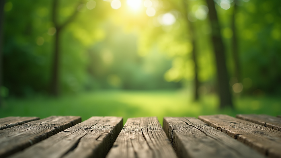 Eye-level view of a wooden fence with a lush green background