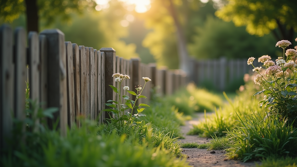 Eye-level view of a wooden fence surrounding a garden