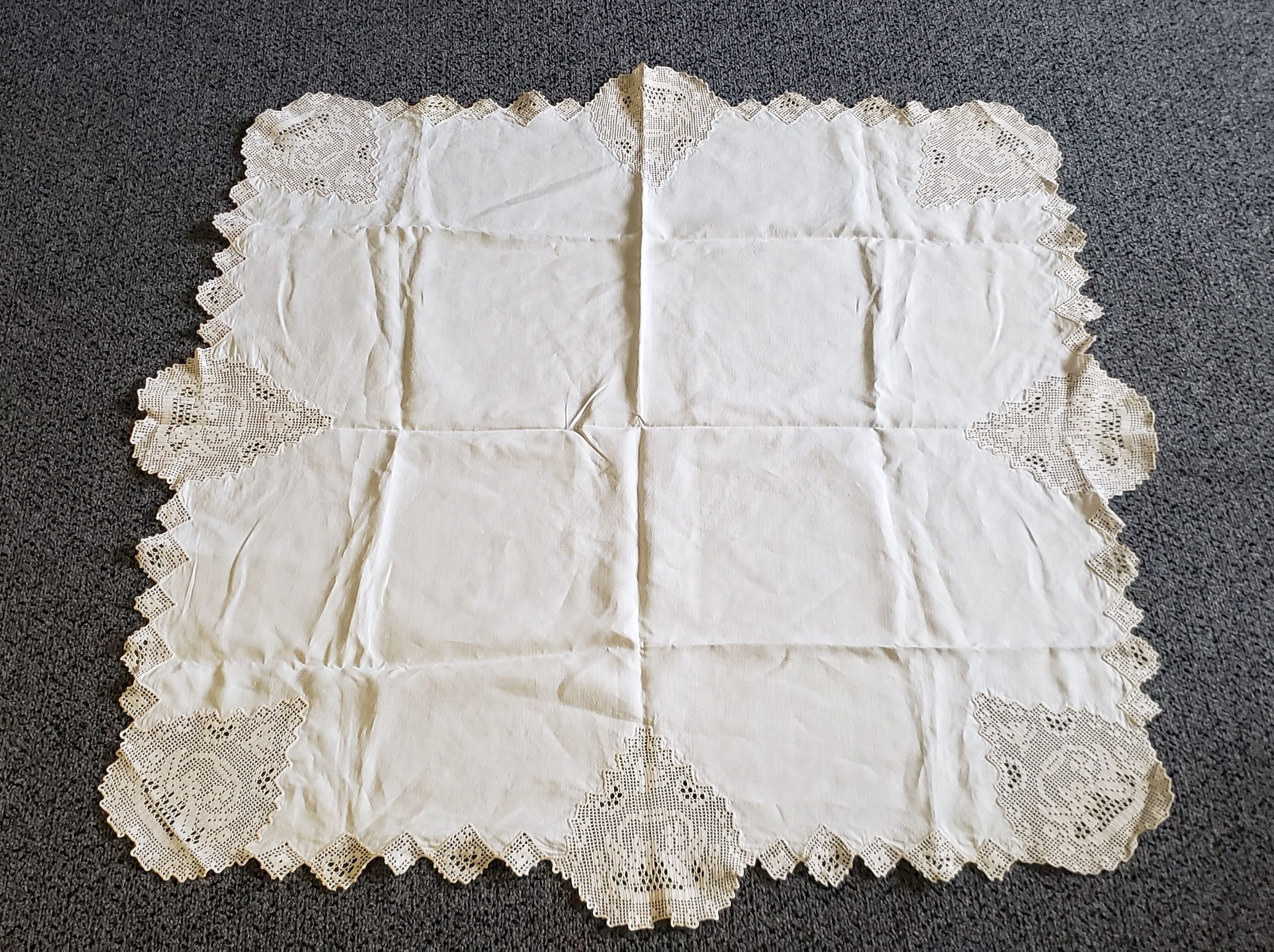 Vintage Linen Tablecloth with Crochet Lace