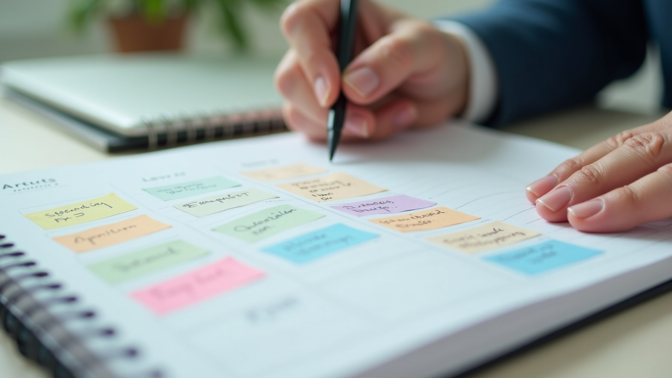 Close-up view of a planner with a daily schedule and colorful notes