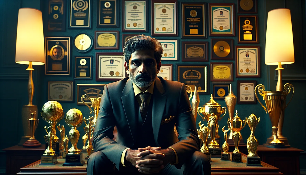 Middle aged rich man sitting depressed into front of awards and trophies. 