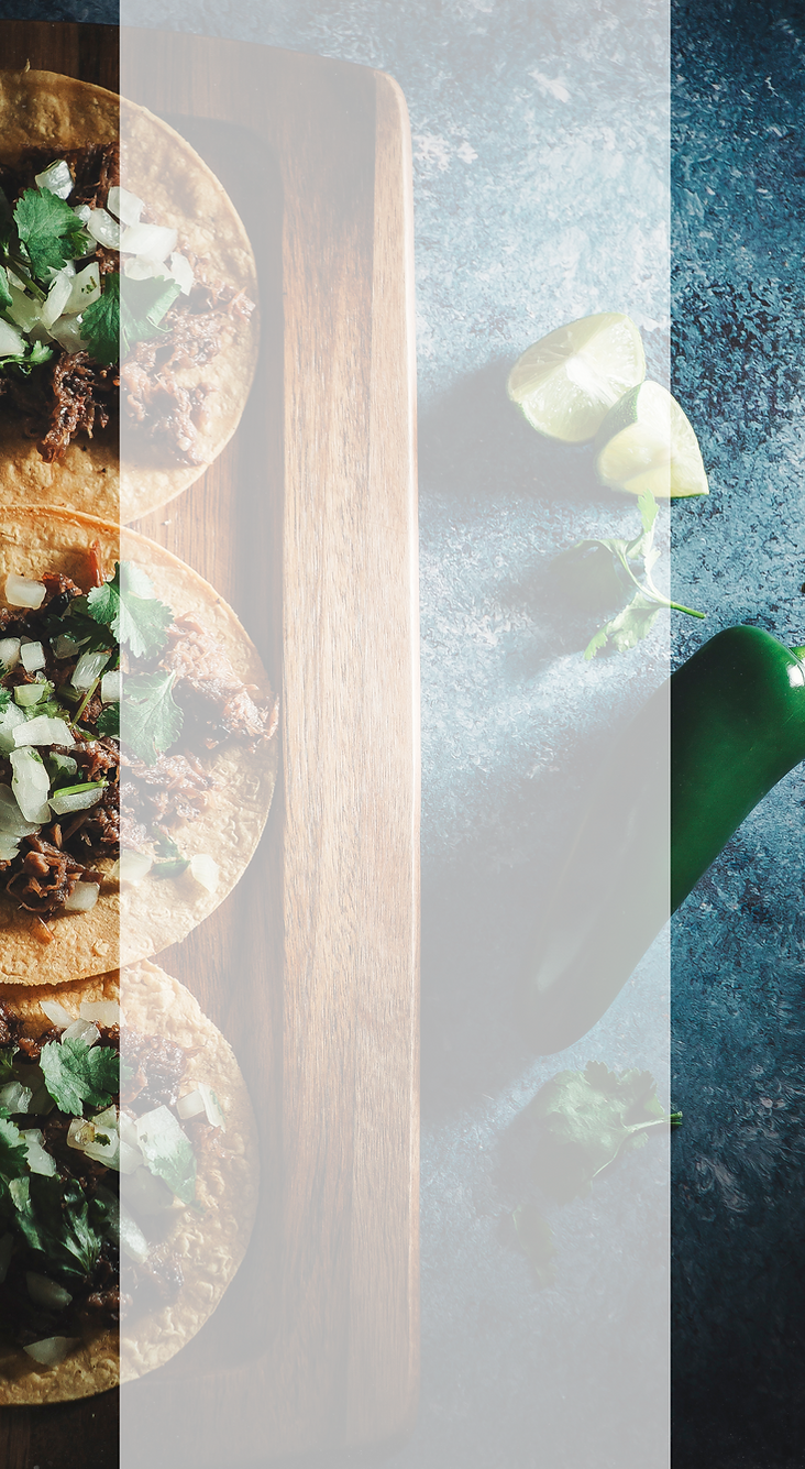 Taco options, with choice of meat like Steak, Chicken or Chorizo.