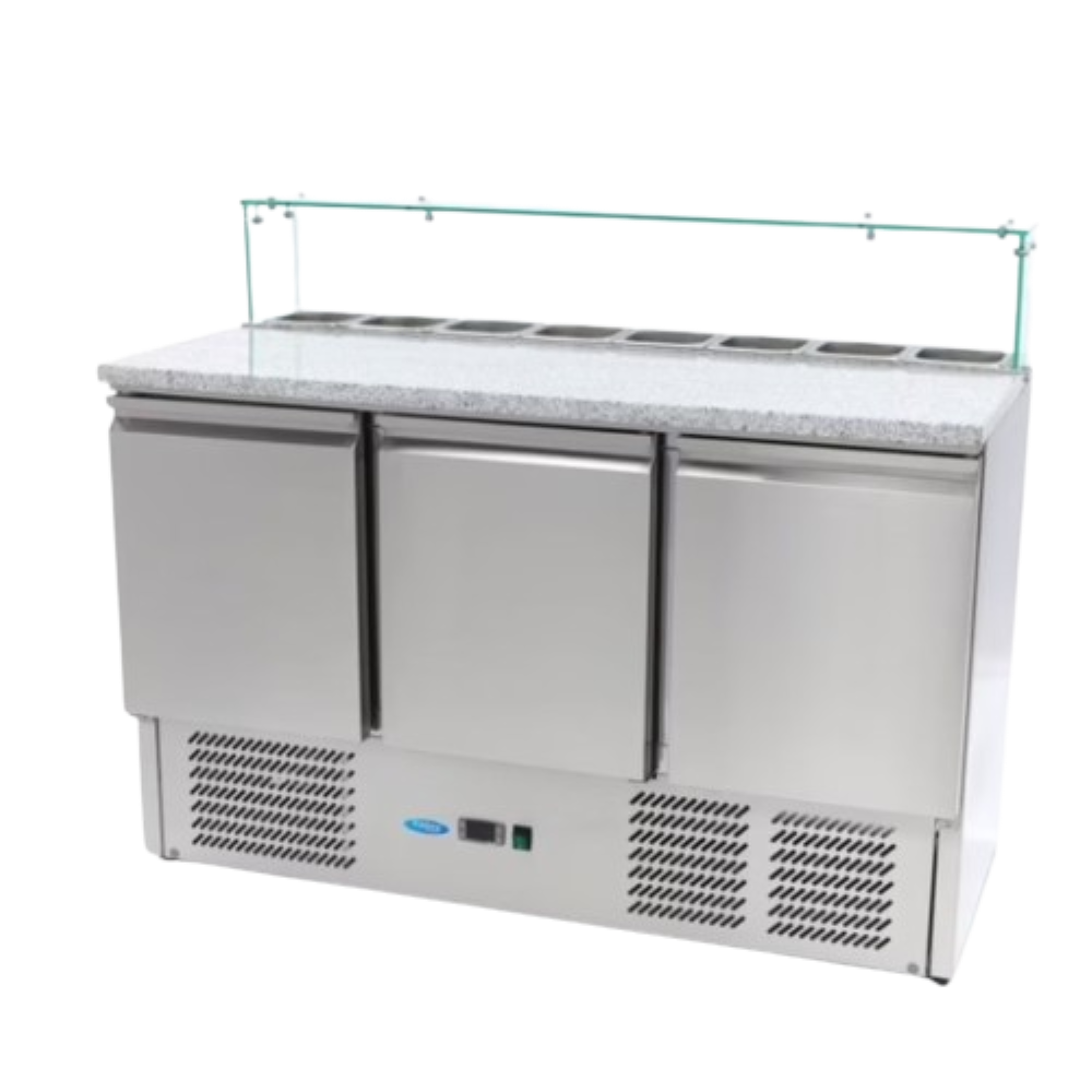 Masă rece preparare pizza cu 8 x GN 1/6, vitrină de sticlă, 3 uși, 400 L