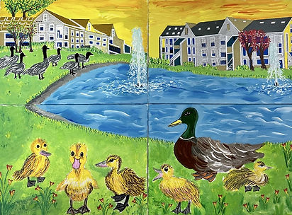 Kids Playroom Decor ideas Acrylic Painting of Duck family playing with geese near a pond with pretty fountains