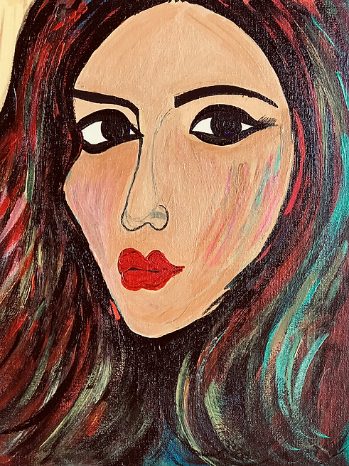Acrylic portrait painting of a girl whose expressions are represented by bright and vibrant colors. Her big bold eyes hold a lot of emotions and convey her feelings. The different shades in her hair represent the many roles in life that she beautifully balances. Canvas size 11" X 14"