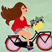 This vibrant acrylic painting portrays a girl merrily riding her bike, letting her cascading hair fly behind her. She is carrying beautiful flowers in her basket, and humming along to her favorite tunes, as carefree as the wind. Canvas size 11" X 14"