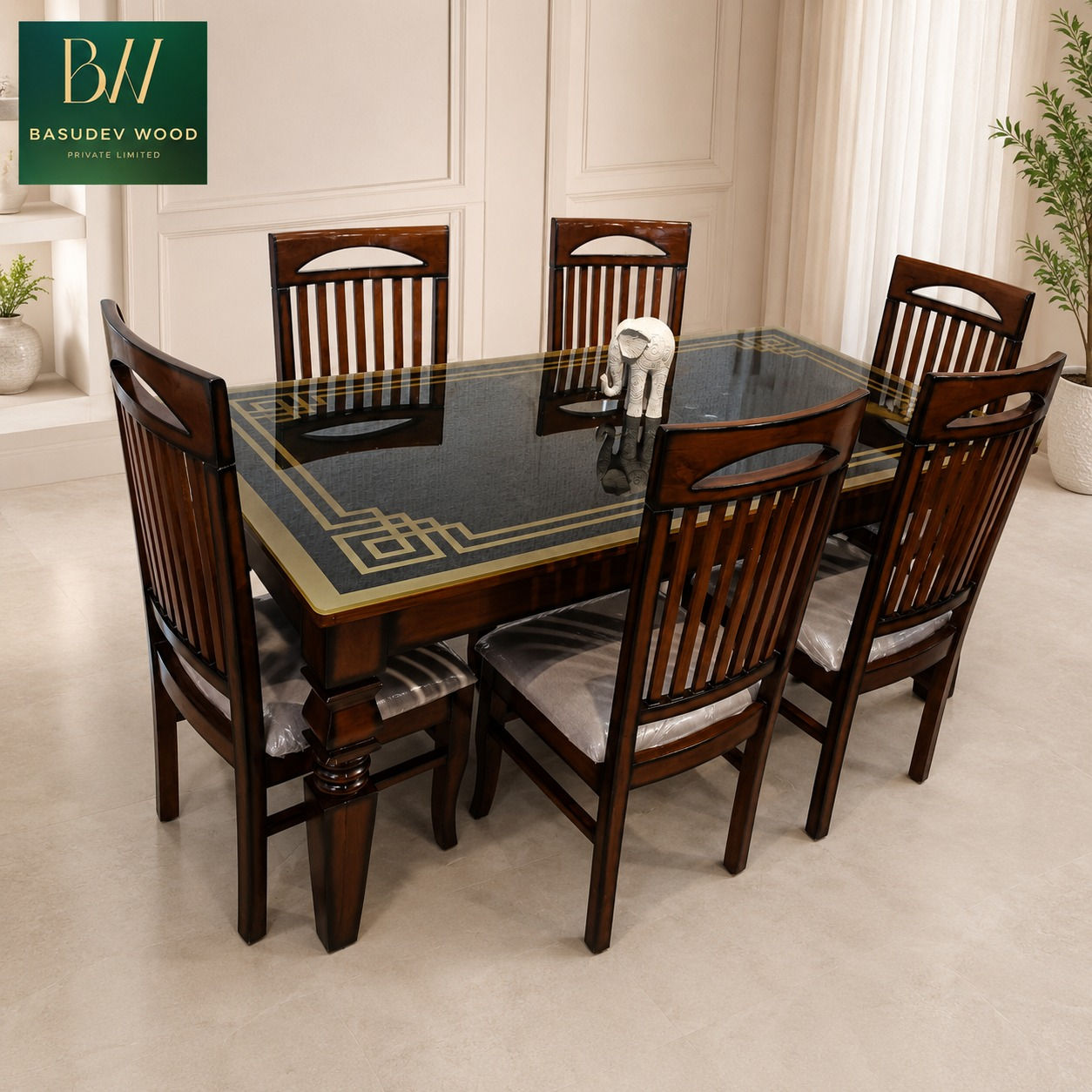IMPERIAL 6 SEATER GLASS TOP DINING SET (MDP #FULL 3R TRPZ)