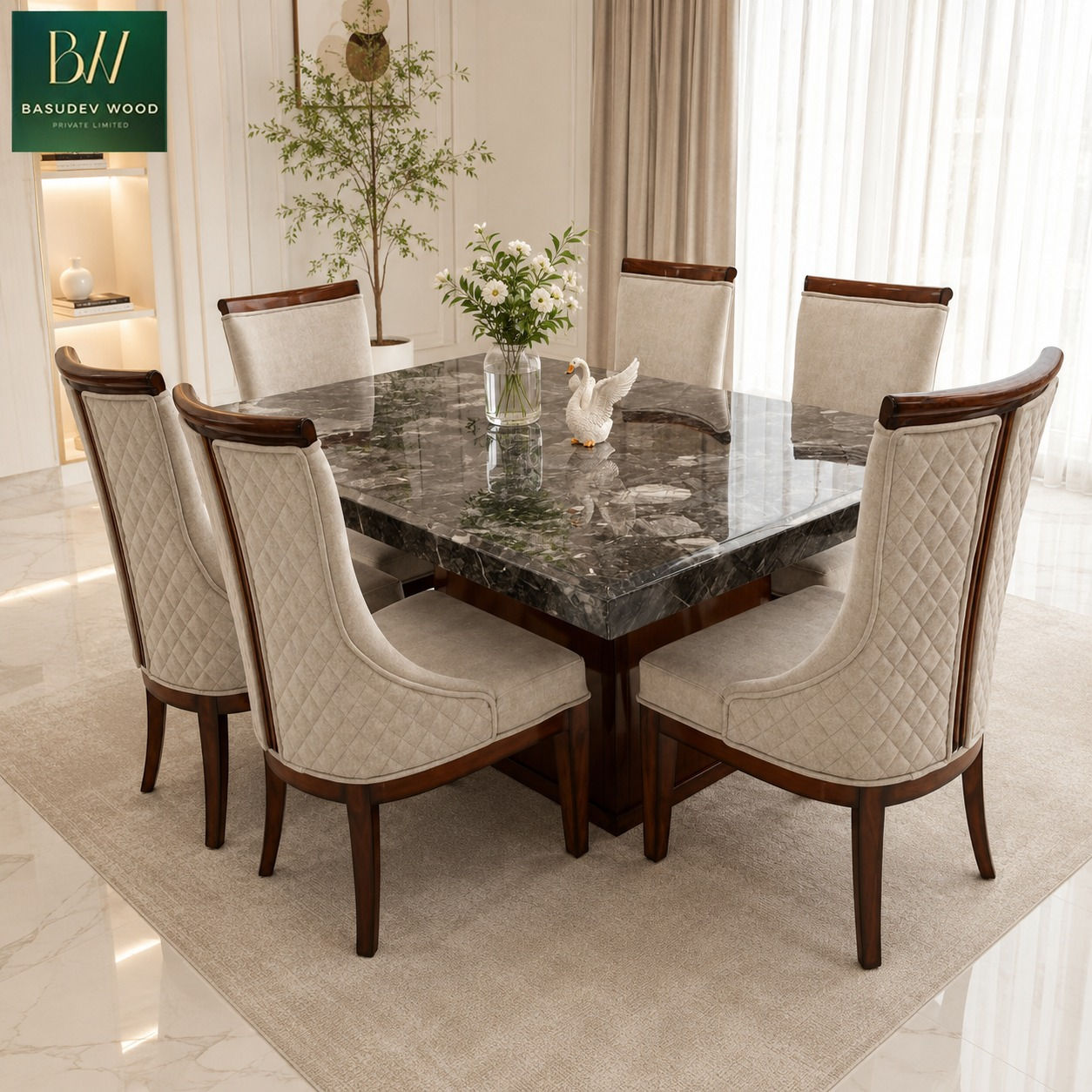 ECLIPSE 6 SEATER MARBLE-TOP UPHOLSTERED DINING SET