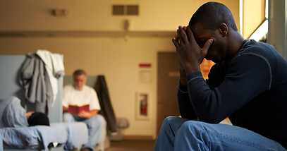 Homeless men in shelter.